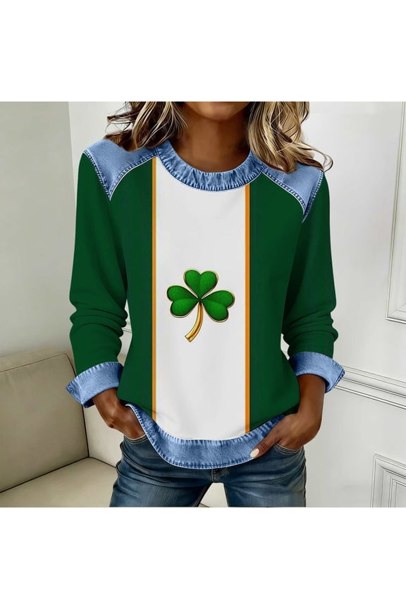 St Patricks Day Shirts for Women Long Sleeves Plus Size Green Pullover Tops Crewneck Holiday Irish Themed Tee Shirts Color Block Holiday Blouses with Pockets
