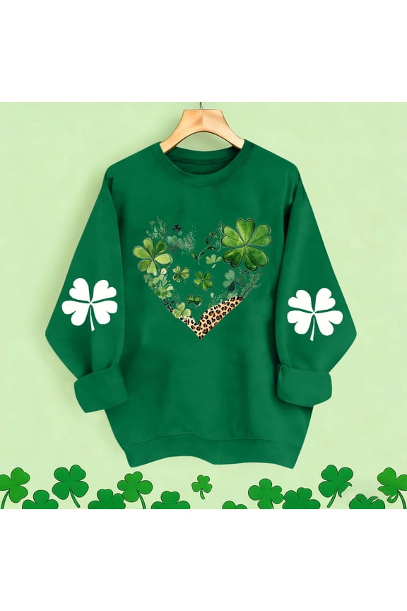 St Patricks Day Shirts for Women Long Sleeve Plus Size Green Pullover Tops Loose Crewneck Holiday Irish Themed Tee Shirts Holiday Blouses