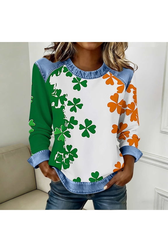 St Patricks Day Summer Shirts for Women Plus Size Long Sleeve Green Pullover Tops Crewneck Holiday Irish Themed Tee Shirts Color Block Holiday Blouses with Pockets