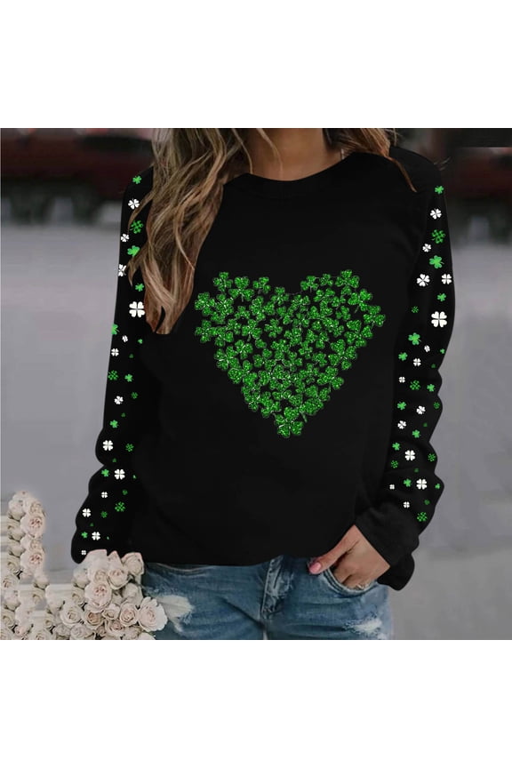 St Patricks Day Tops for Women Long Sleeve Plus Size Green Shirts Loose Crewneck Holiday Irish Themed Tee Shirts Color Block Holiday Pullover Tops