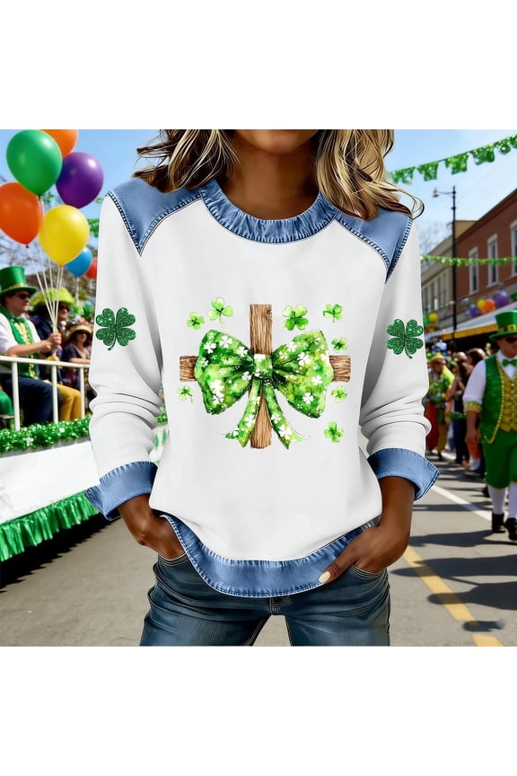 St Patricks Day Women Long Sleeve Tops Plus Size Green Shirts Crewneck Holiday Irish Themed Tee Shirts Holiday Pullover Tops