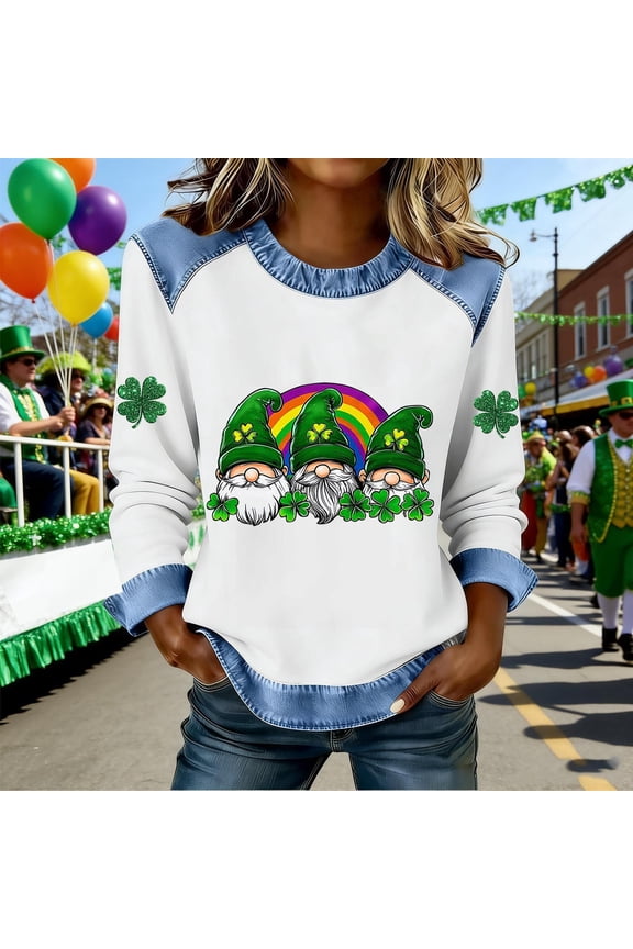 St Patricks Day Womens Long Sleeve T Shirts Plus Size Green Pullover Tops Crewneck Holiday Irish Themed Tee Shirts Holiday Blouses