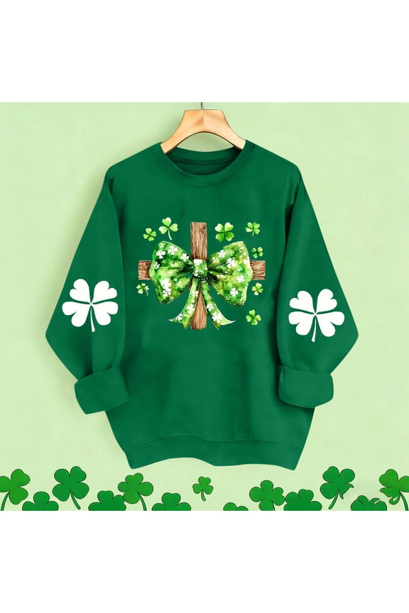 St Patricks Day Womens Long Sleeve T Shirts Plus Size Green Pullover Tops Loose Crewneck Holiday Irish Themed Tee Shirts Holiday Blouses