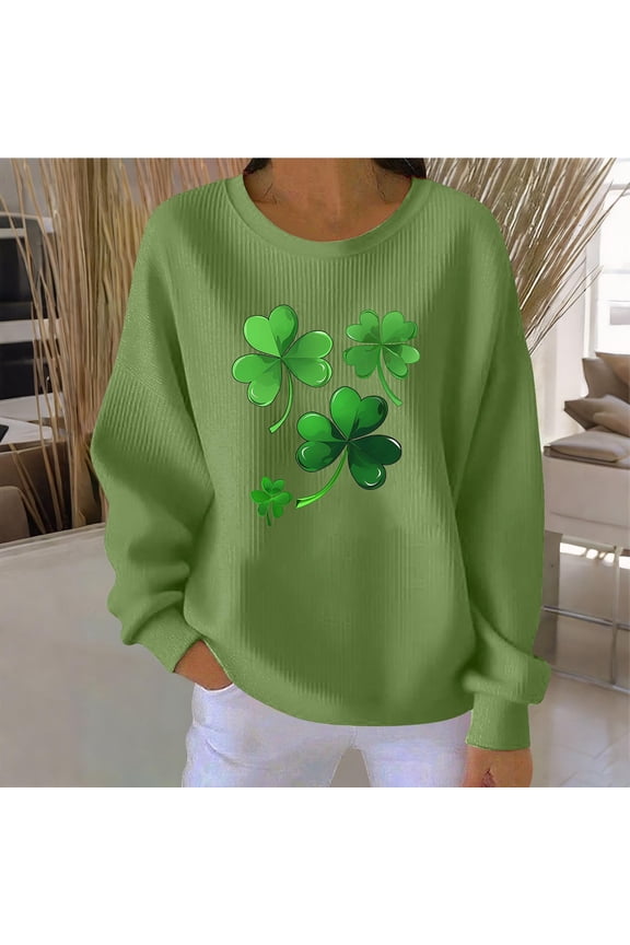 St Patricks Day Womens T Shirts Long Sleeve Plus Size Green Pullover Tops Crewneck Holiday Irish Themed Tee Shirts Ribbed Knit Holiday Blouses