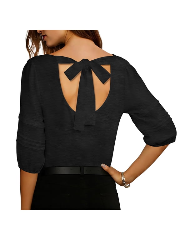 Summer Tops for Women 3/4 Sleeves Plus Size Shirts Crewneck Casual Tee Shirts Solid Color Pullover Tops Black L