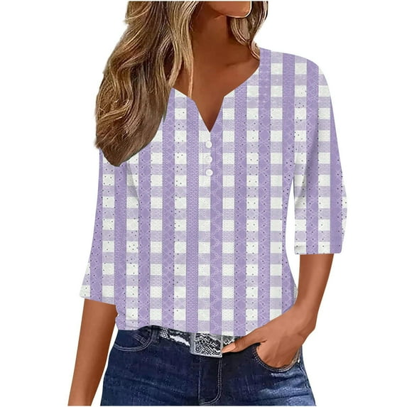 Vekome Summer Tops for Women 3/4 Sleeves Plus Size Shirts Loose V Neck Casual Tee Shirts Smocking Plaid Pullover Tops