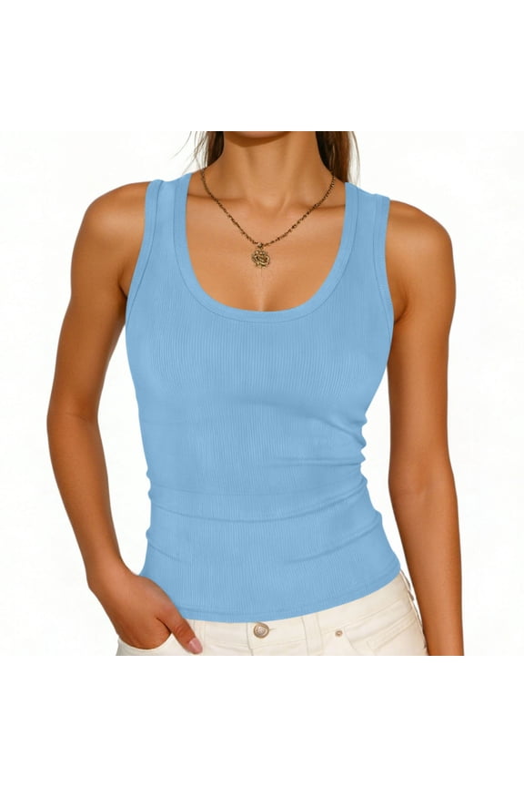 Summer Tops for Women Sleeveless Plus Size Sleeveless Basic Shirts Slim U Neck Casual Tee Shirts Ribbed Solid Color Pullover Tops