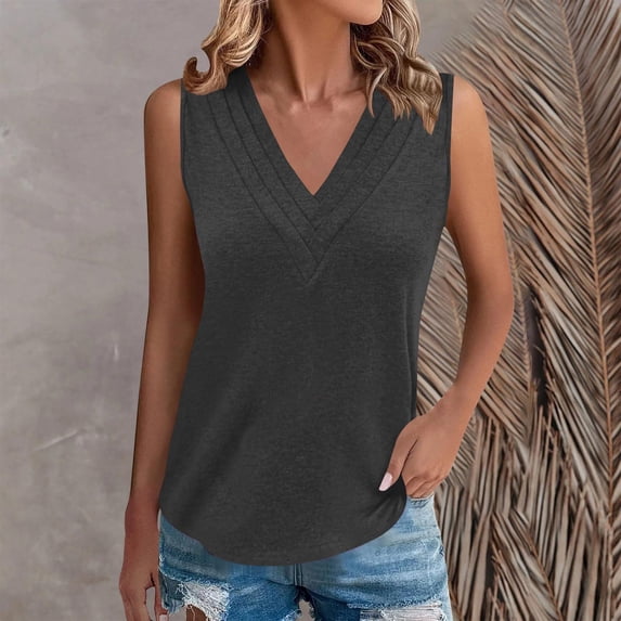 Vekome Summer Tops for Women Sleeveless Plus Size Sleeveless Shirts V Neck Casual Tee Shirts Solid Color Pullover Tops