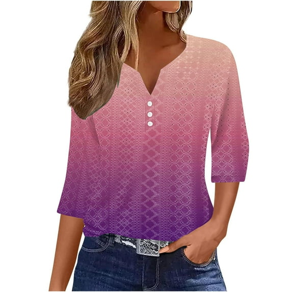 Vekome T Shirts for Women 3/4 Sleeve Plus Size Pullover Tops Loose V Neck Casual Tee Shirts Smocking Gradient Summer Blouses