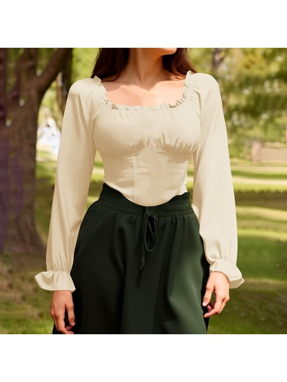 T Shirts for Women Long Sleeve Plus Size Pullover Tops Square Neck Going Out Tee Shirts Solid Color Blouses Beige
