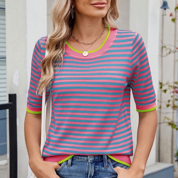 Vekome T Shirts for Women Short Sleeve Pullover Tops Round Neck Casual Tee Shirts Striped Summer Blouses Watermelon Red