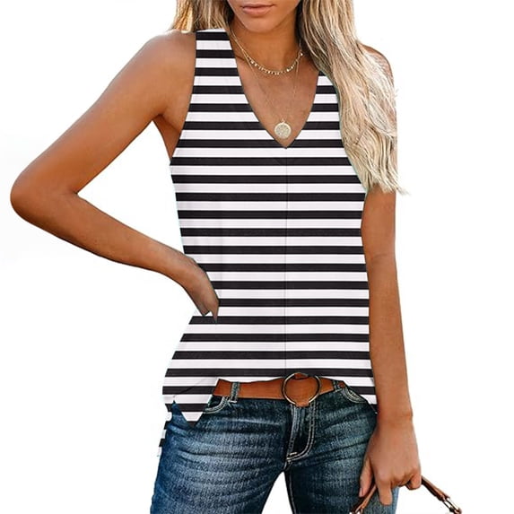 Vekome Tank Tops for Women Plus Size Plus Size Sleeveless Shirts Loose V Neck Casual Tee Shirts Striped Tunic Summer Pullover Tops