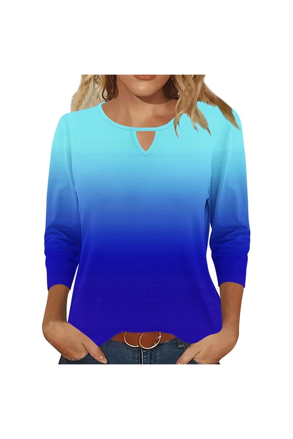Women Shirts 3/4 Sleeve Plus Size Pullover Tops Round Neck Casual Tee Shirts Gradient Summer Blouses Blue XL