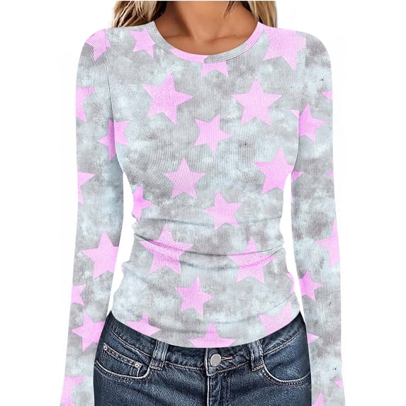 Vekome Women Shirts Casual Long Sleeve Plus Size Basic Pullover Tops Slim Round Neck Tee Shirts Ribbed Knit Print Blouses