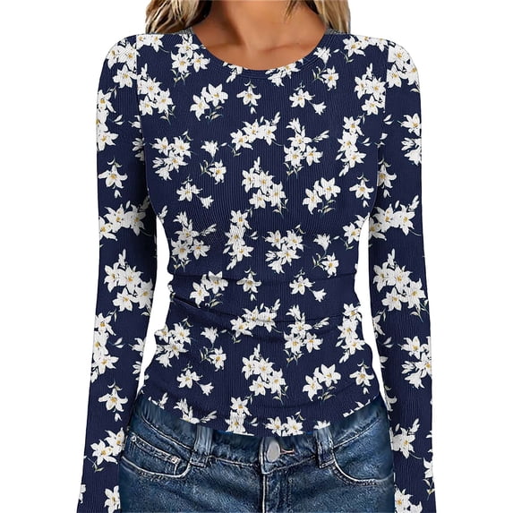 Vekome Women Shirts Casual Long Sleeve Plus Size Basic Pullover Tops Slim Round Neck Tee Shirts Ribbed Knit Print Blouses