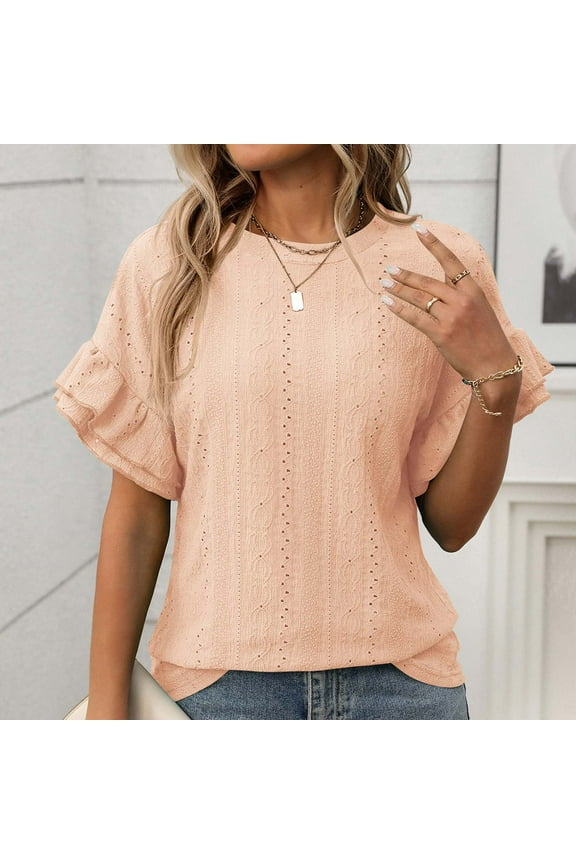 Women Short Sleeve Tops Plus Size Shirts Loose Crewneck Casual Tee Shirts Smocking Solid Color Sequin Summer Pullover Tops