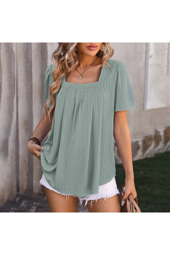 Women Short Sleeve Tops Plus Size Shirts Loose Square Neck Casual Tee Shirts Solid Color Summer Pullover Tops