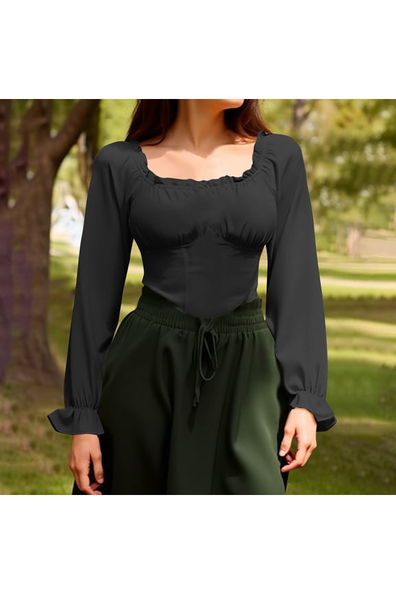 Women Summer Tops Long Sleeve Plus Size Shirts Square Neck Going Out Tee Shirts Solid Color Pullover Tops Black