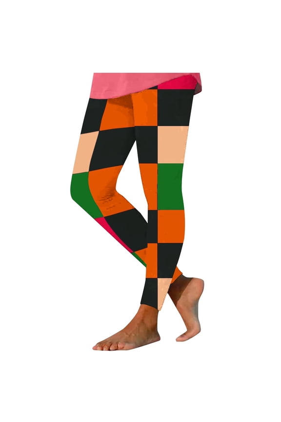 Women's Yoga Leggings Mardi Gras High Waisted Pants Seamless Plaid Lightweight Running Tights Orange L