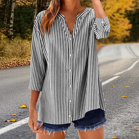 Vekome Womens 3/4 Sleeve Tops Casual Plus Size Shirts Loose V Neck Tee Shirts Button Solid Color Tunic Summer Pullover Tops