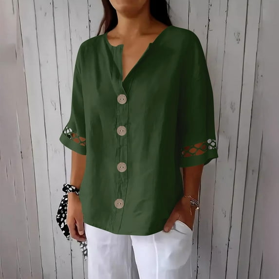 Vekome Womens Blouses 3/4 Sleeve Plus Size Pullover Tops Collared Casual Tee Shirts Linen Button Solid Color Summer Blouses