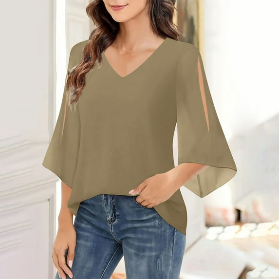 Vekome Womens Blouses 3/4 Sleeve Plus Size Pullover Tops Loose V Neck Casual Tee Shirts Solid Color Summer Blouses Brown