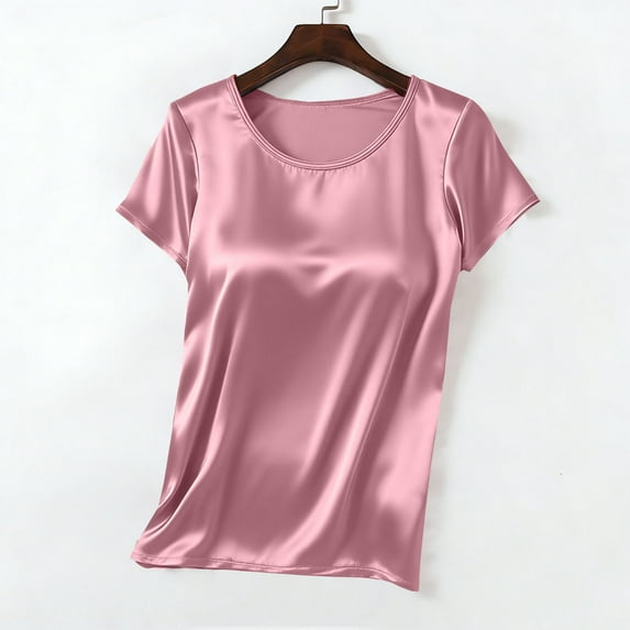 Vekome Womens Blouses Business Plus Size Short Sleeve T Shirts Crewneck Elegant Pullover Satin Solid Color Built in Bra Summer Tops
