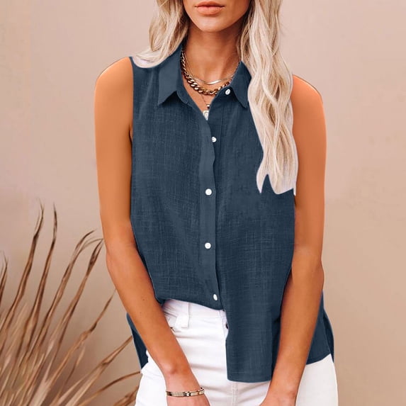 Vekome Womens Button down Shirts Plus Size Plus Size Sleeveless Tops Collared Casual Blouses Linen Solid Color Summer Tee Shirts