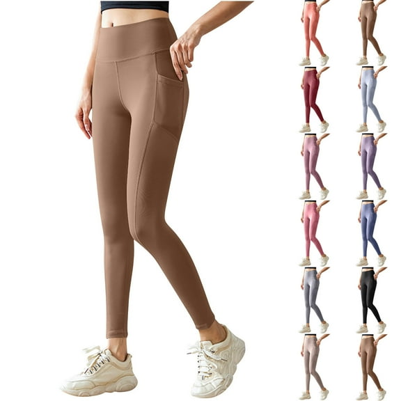 Vekome Womens Leggings Plus Size with Pockets Butt Lift Yoga Pants Seamless Solid Lightweight Running Tights Beige S