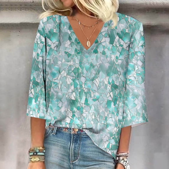 Vekome Womens Shirts Short Sleeve Plus Size Pullover Tops V Neck Casual Tee Shirts Print Summer Blouses Light Blue S