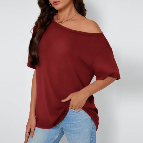 Vekome Womens Short Sleeve Shirts Plus Size Pullover Tops Loose Off Shoulder Neck Casual Tee Shirts Solid Color Summer Blouses