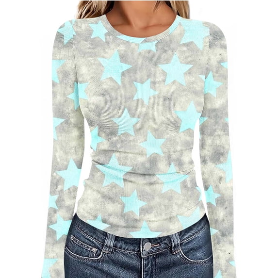 Vekome Womens T Shirts Long Sleeve Plus Size Basic Pullover Tops Slim Round Neck Casual Tee Shirts Ribbed Knit Print Blouses