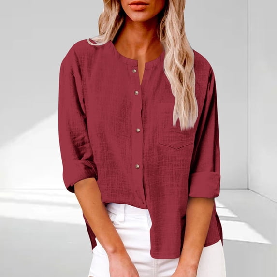Vekome Womens T Shirts Long Sleeve Plus Size Pullover Tops Crewneck Casual Tee Shirts Solid Color Blouses Wine 2XL