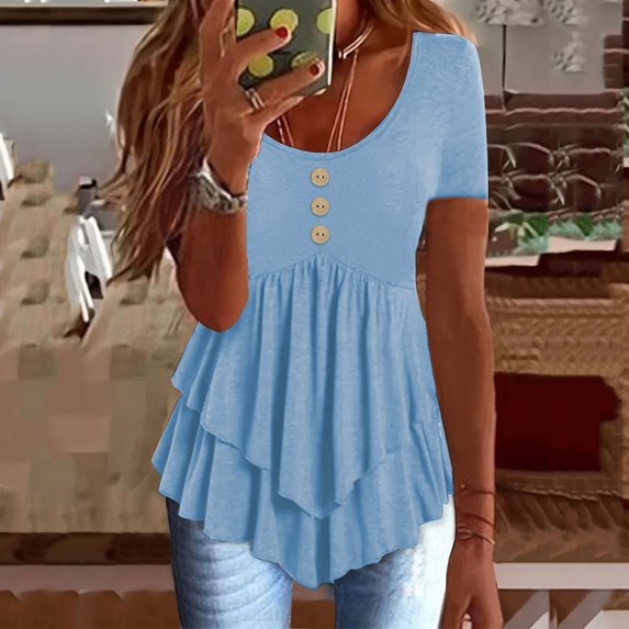 Vekome Womens T Shirts Short Sleeve Plus Size Pullover Tops Round Neck Casual Tee Shirts Button Solid Color Summer Blouses