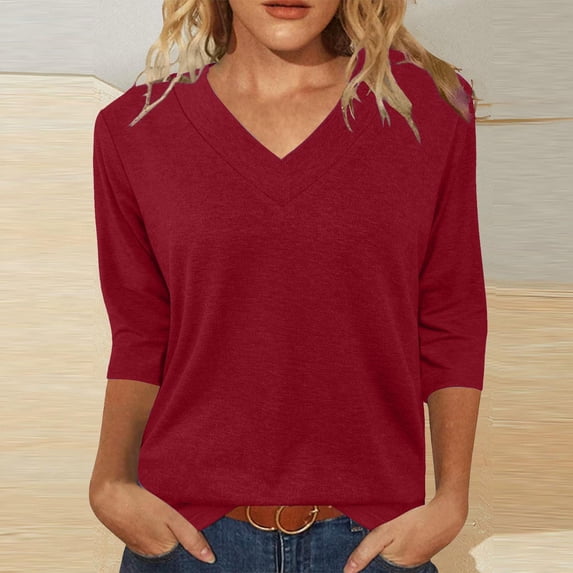 Vekome Womens Tops 3/4 Sleeve Plus Size Shirts V Neck Casual Tee Shirts Solid Color Summer Pullover Tops Wine XL