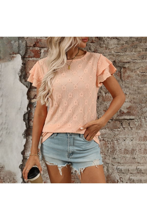 Womens Tops Short Sleeve Plus Size Shirts Crewneck Casual Tee Shirts Smocking Solid Color Summer Pullover Tops