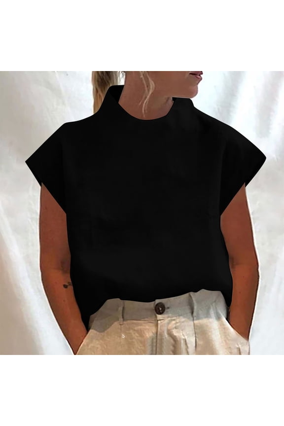 Womens Tops Short Sleeve Plus Size Shirts Mock Neck Casual Tee Shirts Linen Solid Color Summer Pullover Tops
