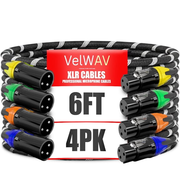 VelWav XLR Cables – Professional Microphone Cables with Multicolored Tips – Hi-Fi Sound – 3-Pin Male to Female XLR Microphone Cable Set – Oxygen-Free Copper Wiring (6 FT, 4)