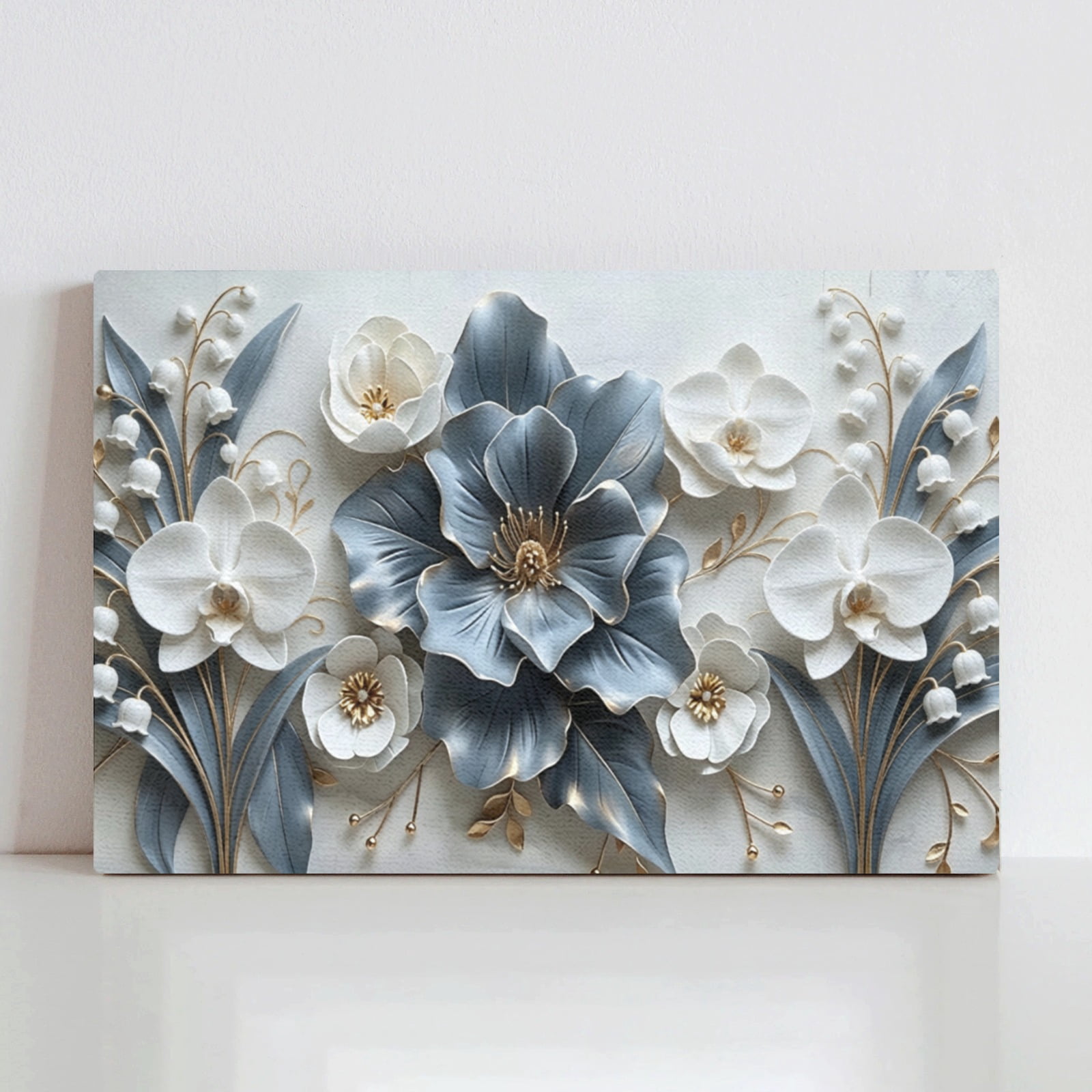 Vela Home 3D Blue White Floral Canvas Wall Art, 10x8 Inch Gold Orchid ...