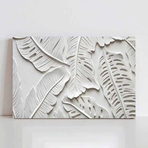 Vela Home 3D White Tropical Leaf Canvas Wall Art, 24x16 Inch Monstera Banana Leaf Bas-Relief Sculpture Framed Print, Waterproof Canvas Wood Frame, Minimalist Modern Decor