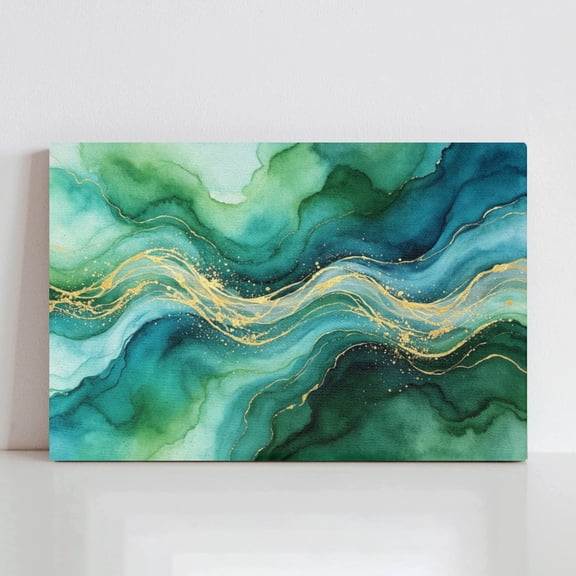 Vela Home Alcohol Ink Green Wave Canvas Wall Art, 24x16 Inch Emerald Teal Marble Abstract with Gold Foil Veins Framed Print, Waterproof Canvas Wood Frame, Luxury Fluid Art Decor