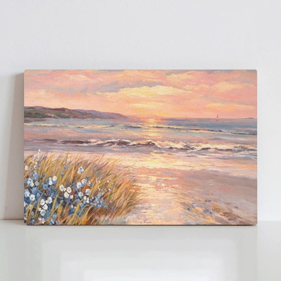 Vela Home Beach Sunset Oil Painting Canvas Wall Art, 24x16 Inch Coastal Seascape Framed Print, Waterproof Canvas with Wood Frame, Impressionist Ocean Decor