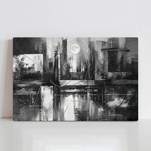 Vela Home Black and White Abstract City Canvas Wall Art, 10x8 Inch Moon Night Skyline Framed Print, Waterproof Canvas with Wood Frame, Modern Urban Decor