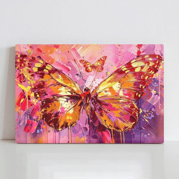 Vela Home Colorful Butterfly Canvas Wall Art, 10x8 Inch Large Butterfly with Small Butterfly Pink Orange Purple Oil Painting Dripping Paint Framed Print, Waterproof Canvas Wood Frame
