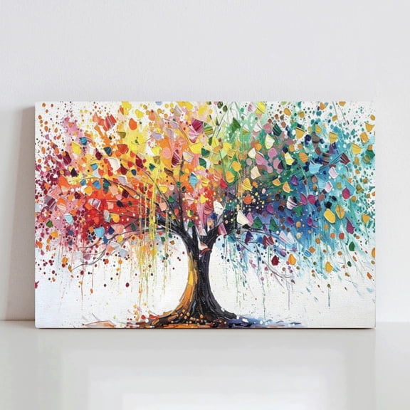 Vela Home Colorful Tree of Life Canvas Wall Art, 10x8 Inch Rainbow Oil Painting Thick Paint Framed Print, Waterproof Canvas Wood Frame, Modern Vibrant Nature Decor