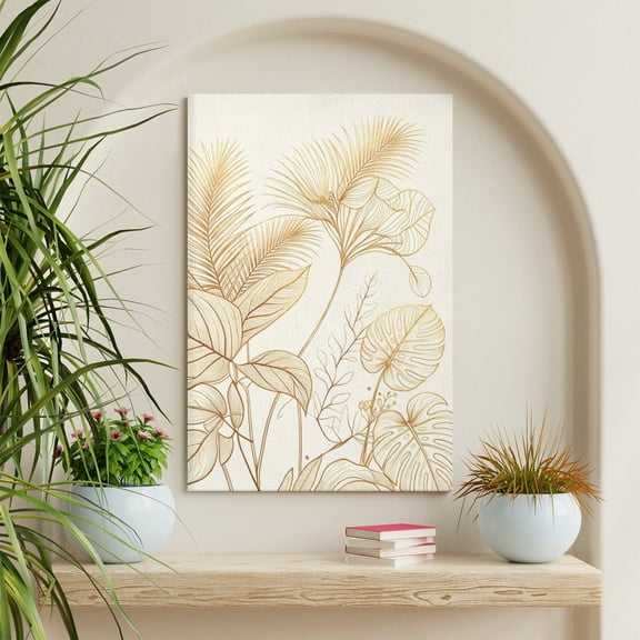 Vela Home Gold Tropical Plant Canvas Wall Art, 8x10 Inch Botanical Line Art with Palm Monstera Leaves on Cream Background Framed Print, Waterproof Canvas Wood Frame