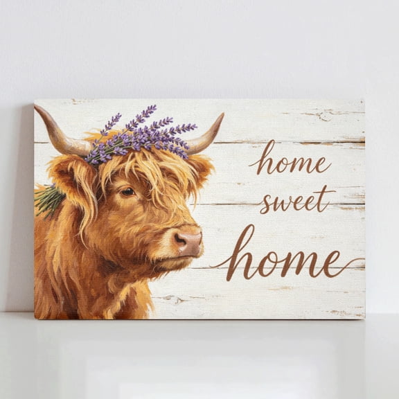 Vela Home Highland Cow Home Sweet Home Canvas Wall Art, 10x8 Inch Farmhouse Cow with Lavender Wreath on White Wood Background Framed Print, Waterproof Canvas