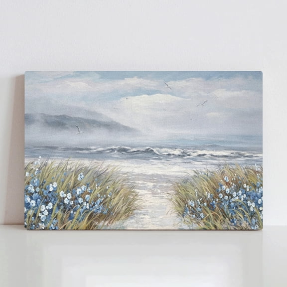 Vela Home Misty Coastal Seascape Canvas Wall Art, 24x16 Inch Framed Beach Print with Seagulls and Wildflowers, Waterproof Canvas Wood Frame, Ocean Fog Decor