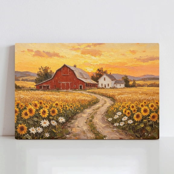 Vela Home Red Barn Farmhouse Canvas Wall Art, 24x16 Inch Country Farm Sunset with Sunflowers Daisies Winding Road Oil Painting Framed Print, Waterproof Canvas Wood Frame, Rustic Decor