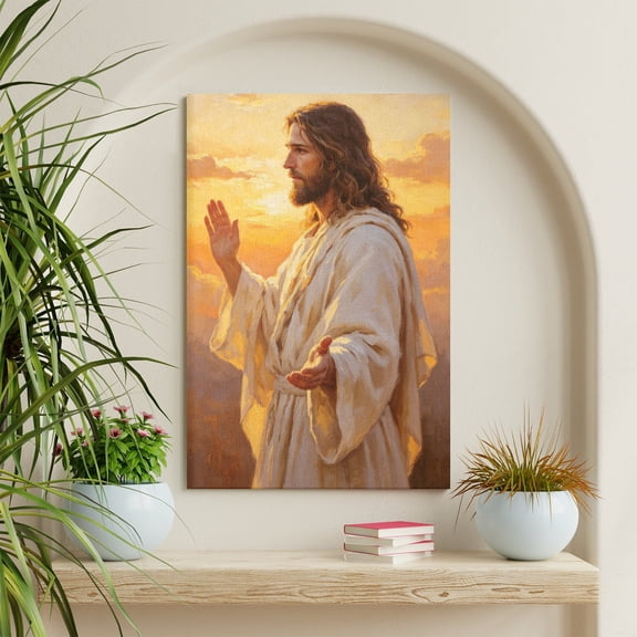 Vela Home Spiritual Figure Canvas Wall Art, 8x10 Inch White Robed Religious Figure with Blessing Hands in Golden Sunset Oil Painting Framed Print, Waterproof Canvas Wood Frame